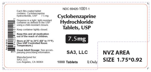 NDC 69420-1001-1
Cyclobenzaprine
Hydrochloride
Tablets, USP
7.5 mg
Rx only
1000 Tablets

