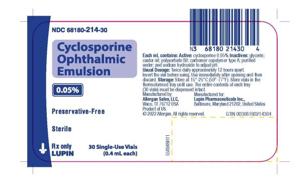 NDC 68180-214-30
Cyclosporine Ophthalmic Emulsion
0.05%
Preservative-Free
Sterile
30 Single-Use Vials
(0.4 mL each)
Rx only
LUPIN
