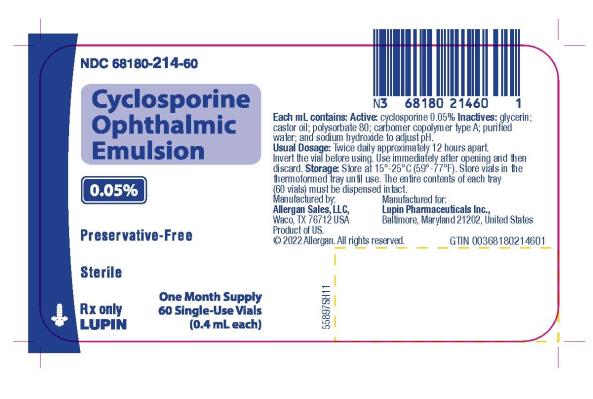 PRINCIPAL DISPLAY PANEL
NDC 68180-214-60
Cyclosporine Ophthalmic Emulsion
0.05%
Preservative-Free
Sterile
60 Single-Use Vials
(0.4 mL each)
LUPIN
Rx only

