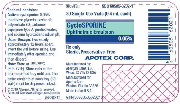 PRINCIPAL DISPLAY PANEL
NDC 60505-6202-1
30 Single-Use Vials (0.4 mL each)
CycloSPORINE
Ophthalmic Emulsion
0.05%
Rx Only
Sterile, Preservatice-Free
