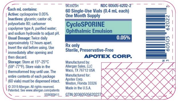 PRINCIPAL DISPLAY PANEL
NDC 60505-6202-2
60 Single-Use Vials (0.4 mL each)
One Month Supply
CycloSPORINE
Ophthalmic Emulsion
0.05%
Rx Only
Sterile, Preservatice-Free
