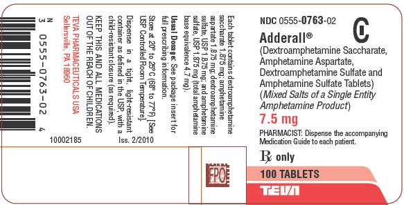 Adderall 7.5 mg 100 Tablets Label