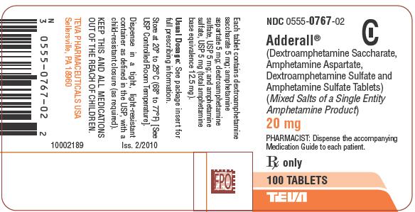 Adderall 20 mg 100 Tablets Label
