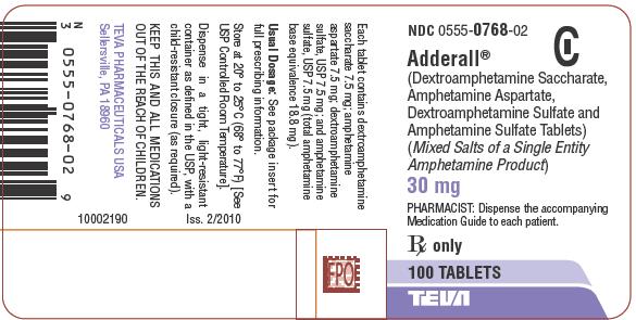 Adderall 30 mg 100 Tablets Label