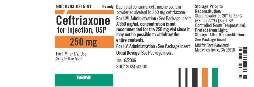 Ceftriaxone for Injection USP 250 mg Single Use Vial Label