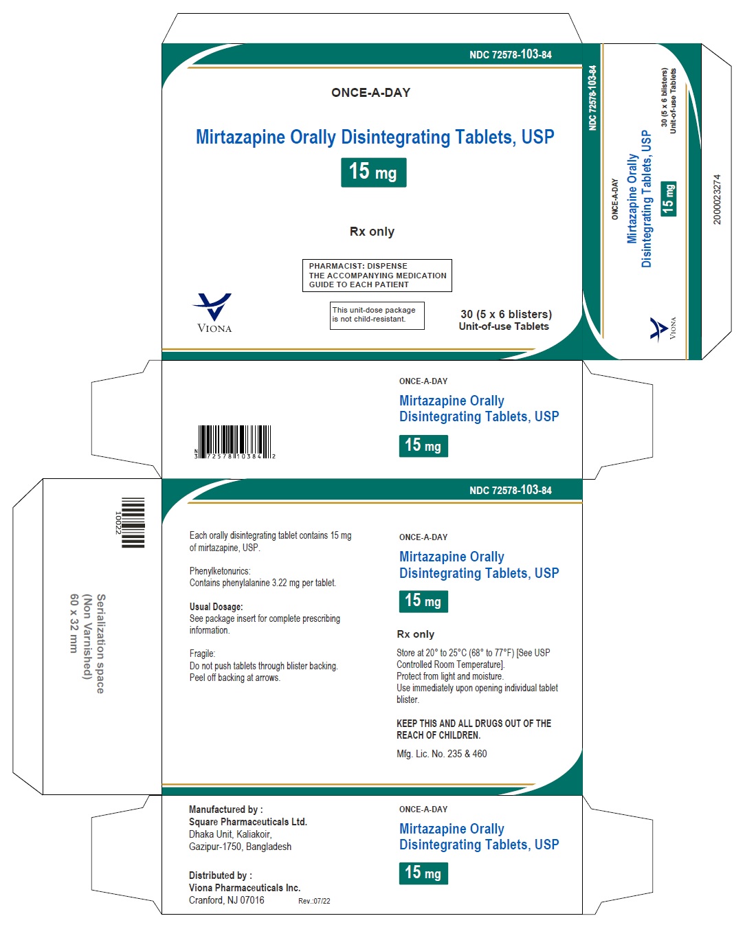 Mirtazapine orally disintegrating tablets USP, 15 mg