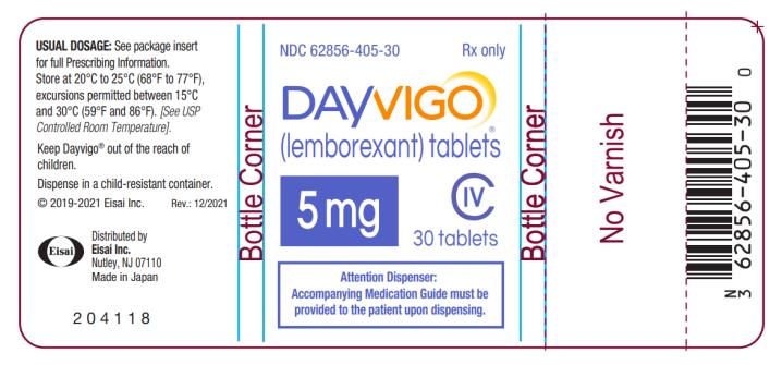 NDC 62856-405-30
DAYVIGO
(lemborexant) tablets
5 mg
30 Tablets

