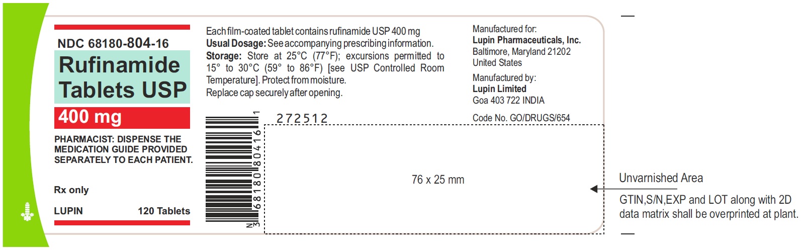 NDC 68180-804-16
Container Label of 120 Tablets