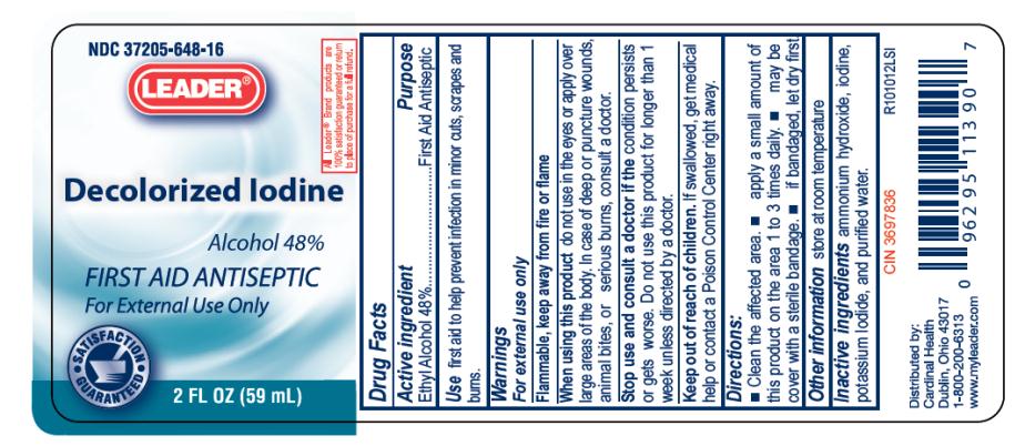 NDC 37205-648-16
Leader®
Decolorized Iodine
Alcohol 48%
FIRST AID ANTISEPTIC
For External Use Only
2 FL OZ (59 mL)

