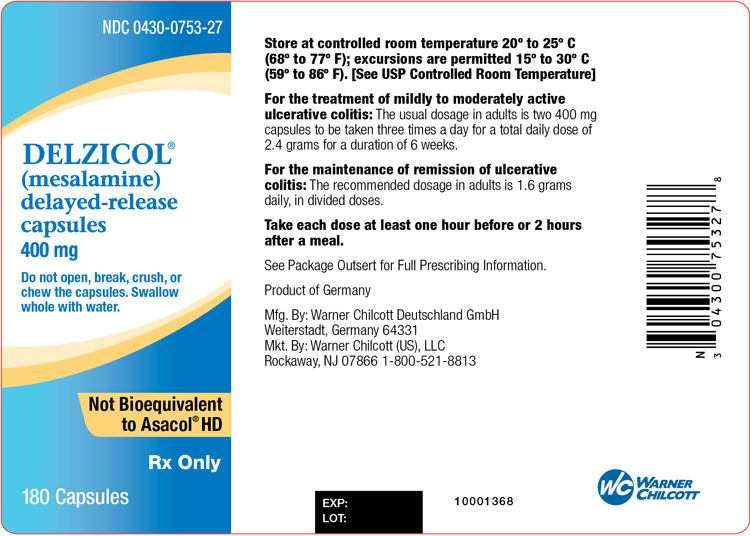 DELZICOL(R) (mesalamine) delayed-release capsules 400 mg NDC-0430-0753-27 Bottle Label x 180 Capsules