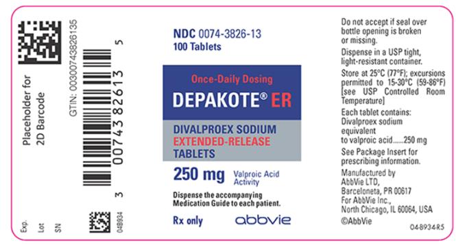 NDC 0074-3826-13 
100 Tablets 
Once-Daily Dosing 
DEPAKOTE® ER 
DIVALPROEX SODIUM EXTENDED-RELEASE TABLETS 
250 mg Valproic Acid Activity 
Dispense the accompanying Medication Guide to each patient. 
Rx only abbvie 
