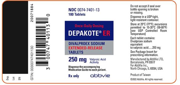 NDC 0074-7401-13 
100 Tablets 
Once-Daily Dosing 
DEPAKOTE® ER 
DIVALPROEX SODIUM EXTENDED-RELEASE TABLETS 
250 mg Valproic Acid Activity 
Dispense the accompanying Medication Guide to each patient. 
Rx only abbvie 
