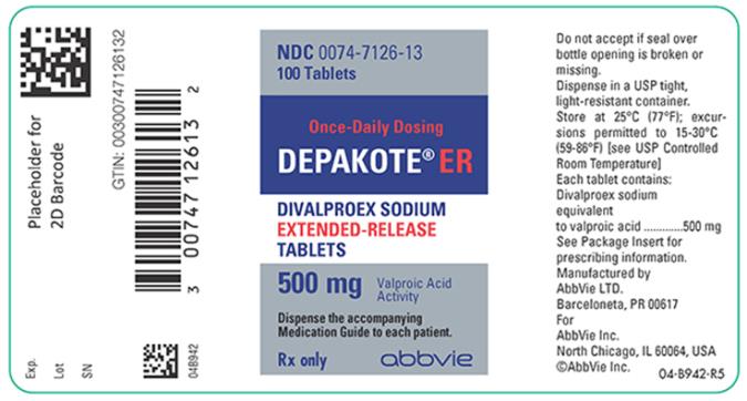 NDC 0074-7126-13 
100 Tablets 
Once-Daily Dosing 
DEPAKOTE® ER 
DIVALPROEX SODIUM EXTENDED-RELEASE TABLETS 
500 mg Valproic Acid Activity 
Dispense the accompanying Medication Guide to each patient. 
Rx only abbvie 
