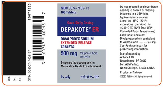 NDC 0074-7402-13 
100 Tablets 
Once-Daily Dosing 
DEPAKOTE® ER 
DIVALPROEX SODIUM EXTENDED-RELEASE TABLETS 
500 mg Valproic Acid Activity 
Dispense the accompanying Medication Guide to each patient. 
Rx only abbvie 
