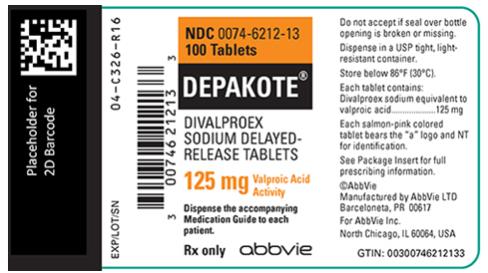 NDC 0074-6212-13 
100 Tablets 
DEPAKOTE®
DIVALPROEX SODIUM DELAYED-RELEASE TABLETS 
125 mg Valproic Acid Activity 
Dispense the accompanying Medication Guide to each patient. 
Rx only abbvie
