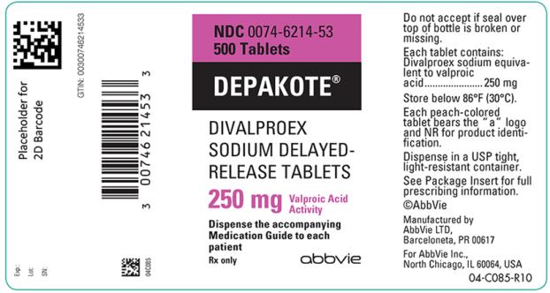 NDC 0074-6214-13 
100 Tablets 
DEPAKOTE®
DIVALPROEX SODIUM DELAYED-RELEASE TABLETS 
250 mg Valproic Acid Activity 
Do not accept if seal over bottle opening is broken or missing. 
Dispense the accompanying Medication Guide to each patient.
Rx only abbvie
