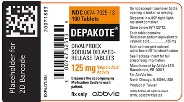 NDC 0074-7325-13 
100 Tablets 
DEPAKOTE®
DIVALPROEX SODIUM DELAYED-RELEASE TABLETS 
125 mg Valproic Acid Activity 
Dispense the accompanying Medication Guide to each patient. 
Rx only abbvie 
