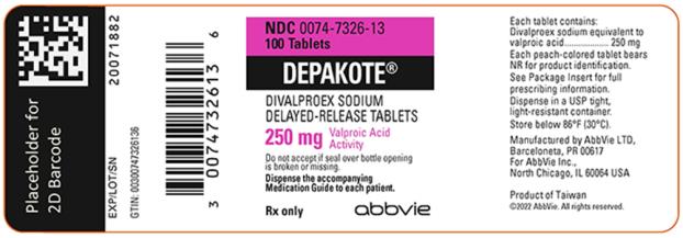 NDC 0074-7326-13 
100 Tablets 
DEPAKOTE®
DIVALPROEX SODIUM DELAYED-RELEASE TABLETS 
250 mg Valproic Acid Activity 
Do not accept if seal over bottle opening is broken or missing. 
Dispense the accompanying Medication Guide to each patient.
Rx only abbvie
