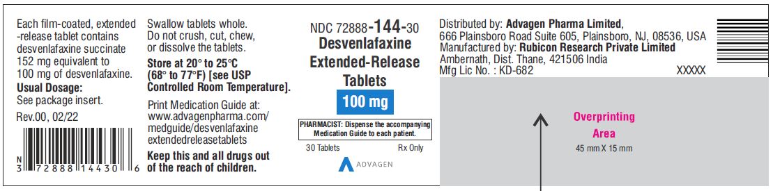 Desvenlafaxine Extended-Release Tablets 100 mg - NDC 72888-144-30 - 30 Tablets Label