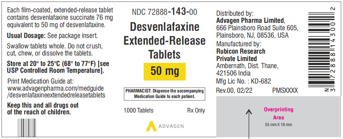 Desvenlafaxine Extended-Release Tablets 50 mg - NDC 72888-143-00 - 1000 Tablets Label