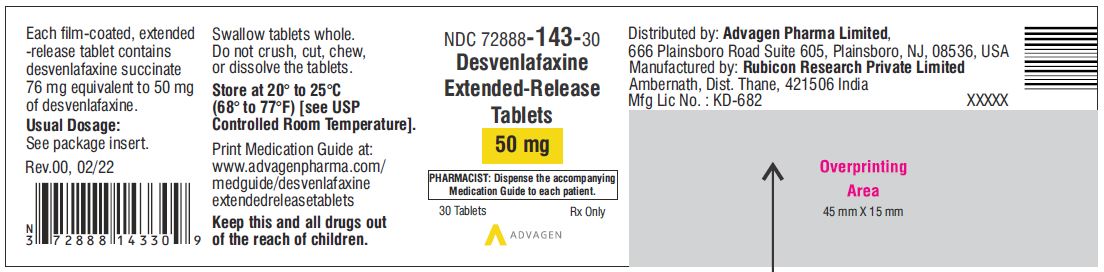 Desvenlafaxine Extended-Release Tablets 50 mg - NDC 72888-143-30 - 30 Tablets Label