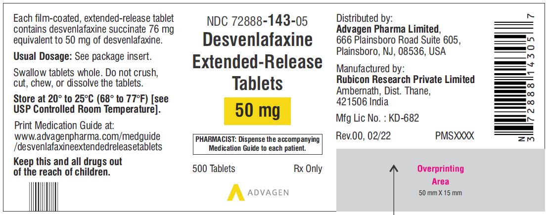 Desvenlafaxine Extended-Release Tablets 50 mg - NDC 72888-143-05 - 500 Tablets Label
