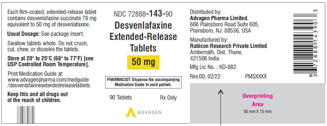 Desvenlafaxine Extended-Release Tablets 50 mg - NDC 72888-143-90 - 90 Tablets Label