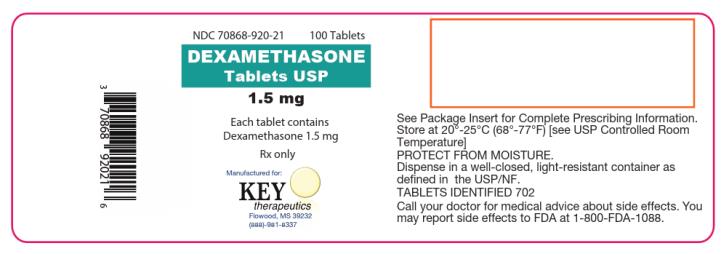 NDC 70868-920-21
100 Tablets
DEXAMETHASONE
Tablets USP
1.5 mg

