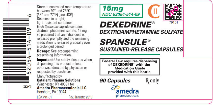 15 mg NDC 52054-514-09 DEXEDRINE® DEXTROAMPHETAMINE SULFATE SPANSULE® SUSTAINED-RELEASE CAPSULES CII
