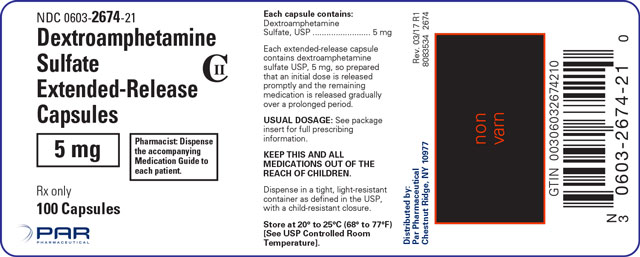 Image of the label for Dextroamphetamine Sulfate Extended-Release Capsules 5 mg