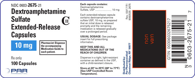 Image of the label for Dextroamphetamine Sulfate Extended-Release Capsules 10 mg