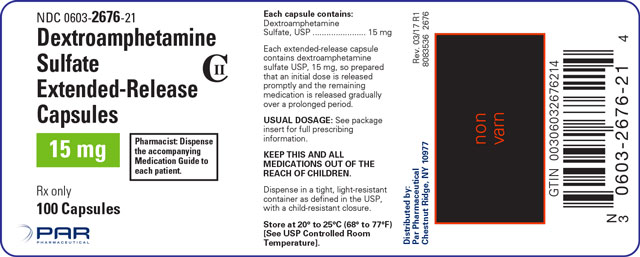Image of the label for Dextroamphetamine Sulfate Extended-Release Capsules 15 mg