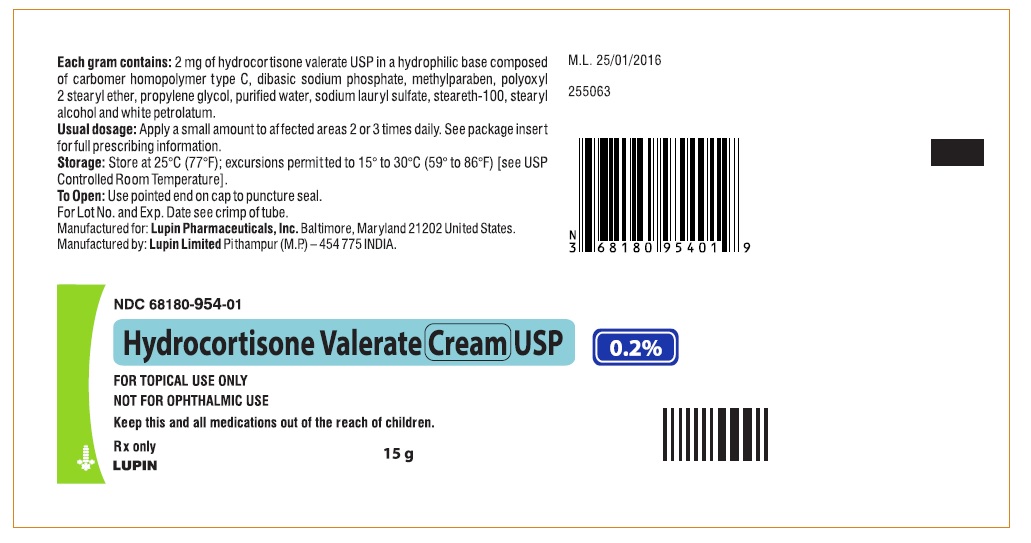 Hydrocortisone Valerate Cream USP, 0.2%
15 g
Tube label 
NDC 68180-954-01
							Rx only