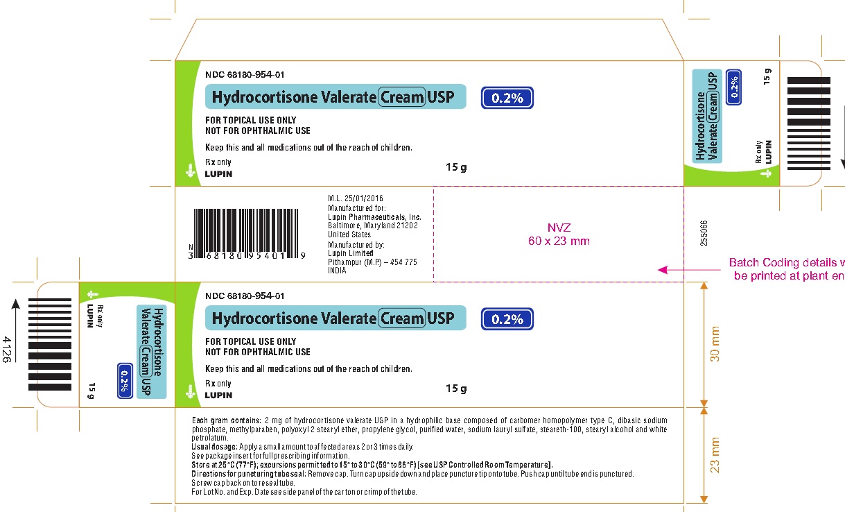 Hydrocortisone Valerate Cream USP, 0.2%
15 g
Carton label 
NDC 68180-954-01
							Rx only