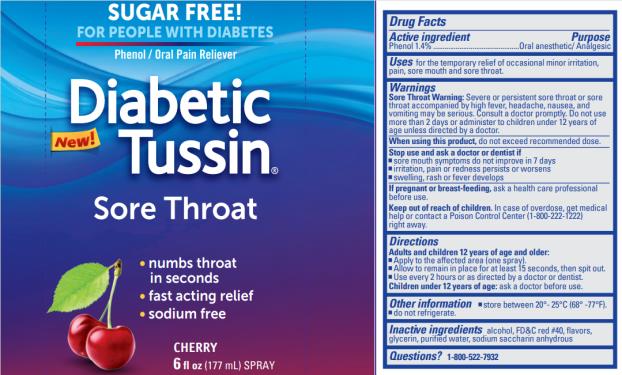 Diabetic Tussin®
Phenol / Oral Pain Reliever 
Cherry
6 fl oz (177 mL) SPRAY
