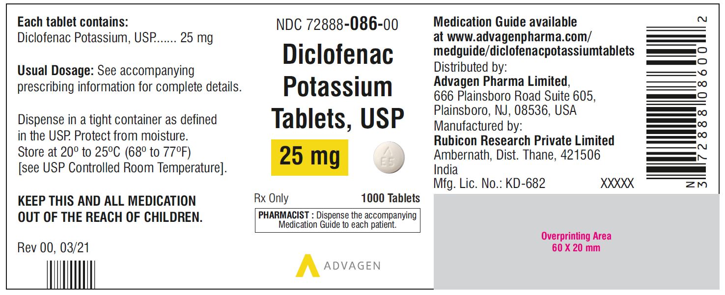 Diclofenac Potassium Tablets,USP 25 mg - NDC 72888-086-00  - 1000 Tablets Bottle