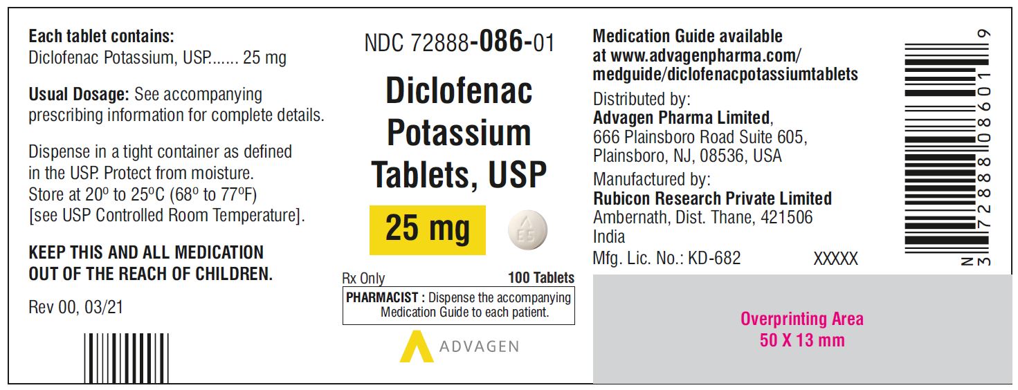 Diclofenac Potassium Tablets,USP 25 mg - NDC 72888-086-01  - 100 Tablets Bottle