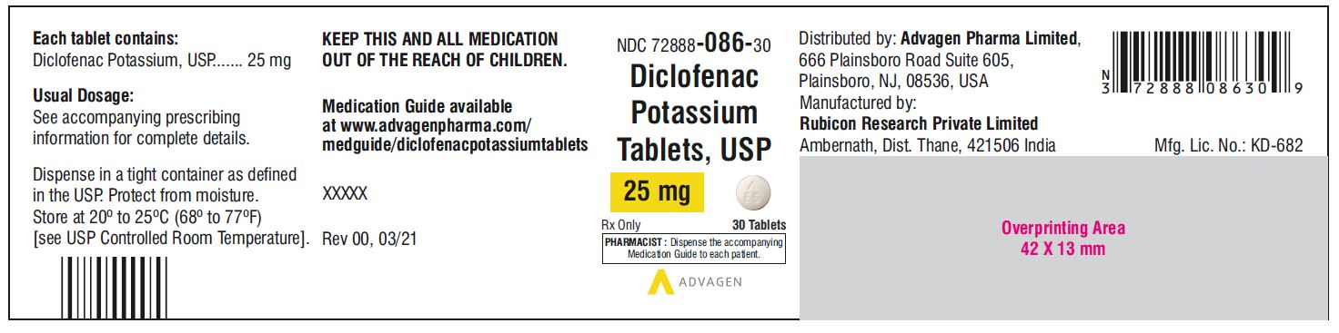 Diclofenac Potassium Tablets,USP 25 mg - NDC 72888-086-30  - 30 Tablets Bottle
