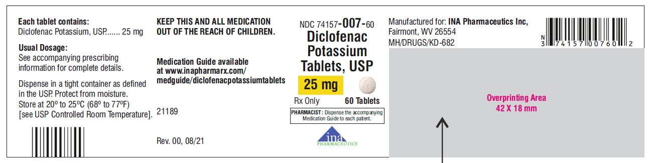 Diclofenac Potassium Tablets,USP 25 mg - NDC 74157-007-60  - 60 Tablets Bottle