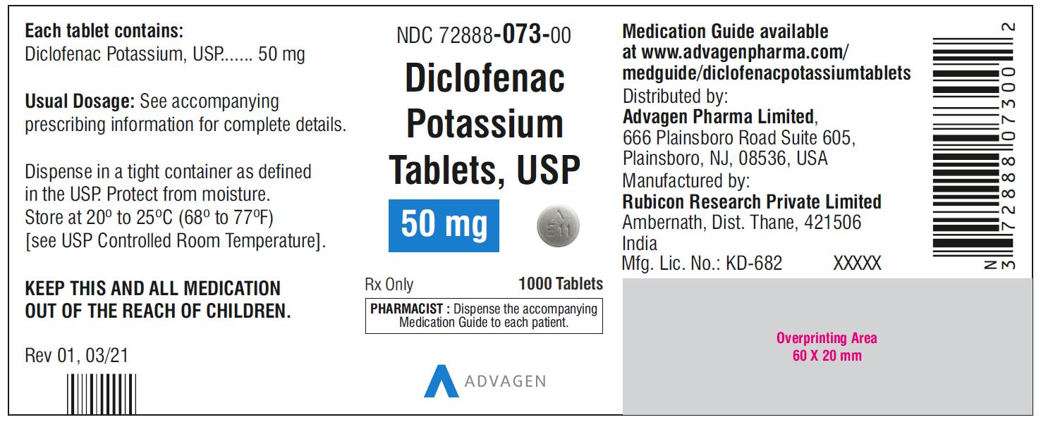 Diclofenac Potassium Tablets,USP 50 mg - NDC 72888-073-00  - 1000 Tablets Bottle
