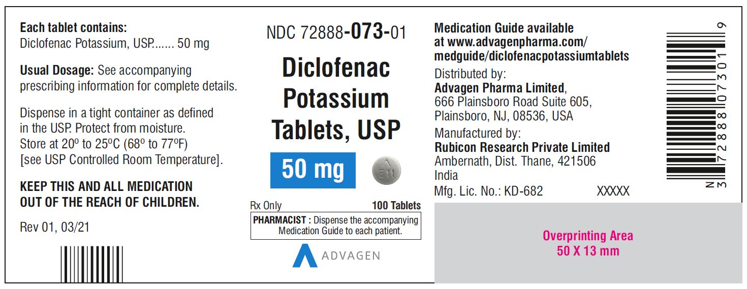 Diclofenac Potassium Tablets,USP 50 mg - NDC 72888-073-01  - 100 Tablets Bottle
