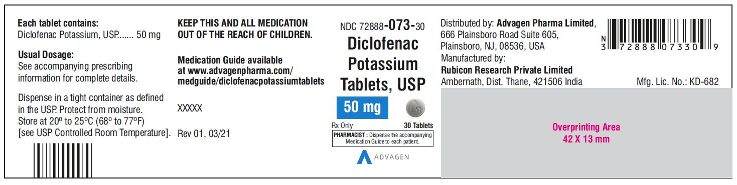 Diclofenac Potassium Tablets,USP 50 mg - NDC 72888-073-30  - 30 Tablets Bottle