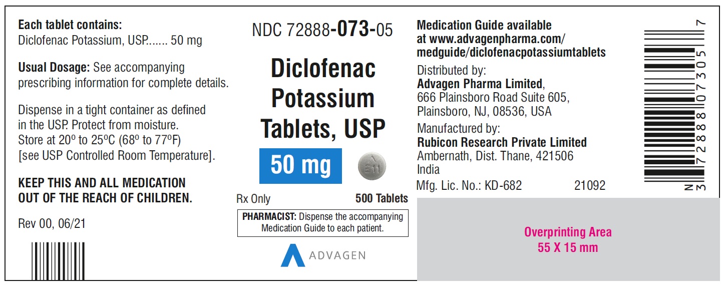 Diclofenac Potassium Tablets,USP 50 mg - NDC 72888-073-05  - 500 Tablets Bottle