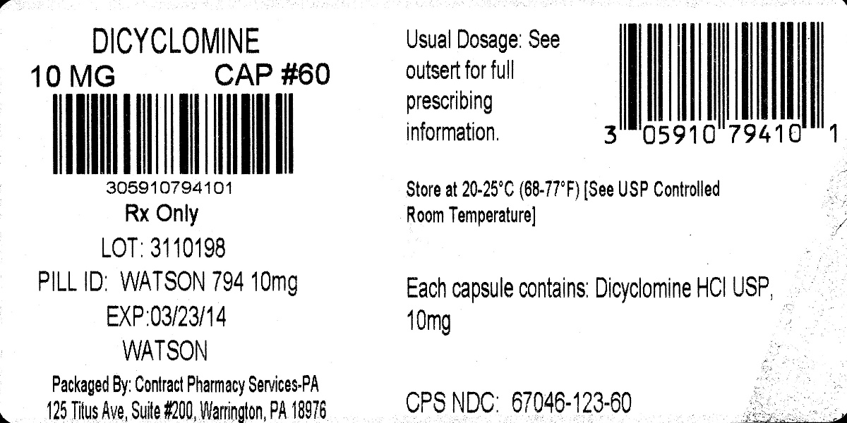 NDC 0591-0794-01 Dicyclomine HCl Capsules USP 10 mg Watson 100 Capsules Rx only Each capsule contains: Dicyclomine HCl USP, 10 mg Usual dosage: See package outsert for full prescribing information. Di