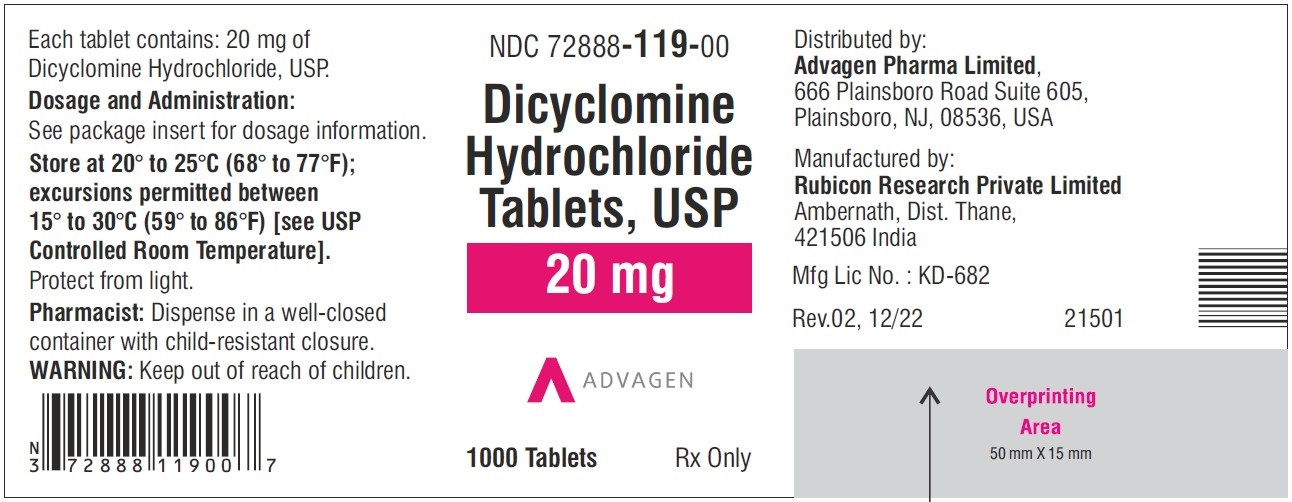 Dicyclomine Hydrochloride Tablets ,USP 20 mg - NDC 72888-119-00 - 1000 Tablets Label