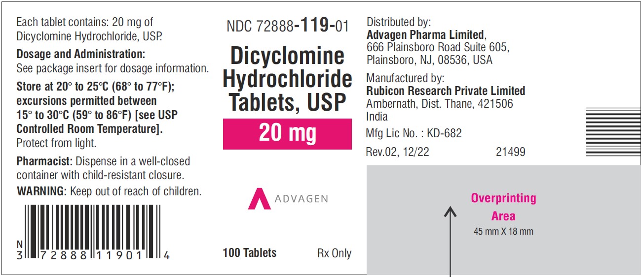 Dicyclomine Hydrochloride Tablets ,USP 20 mg - NDC 72888-119-01 - 100 Tablets Label