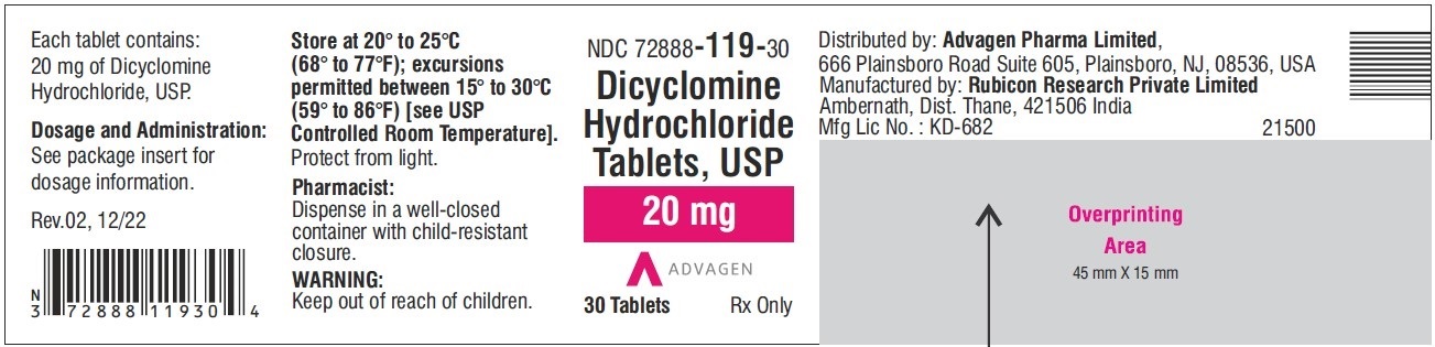 Dicyclomine Hydrochloride Tablets ,USP 20 mg - NDC 72888-119-30  - 30 Tablets Label