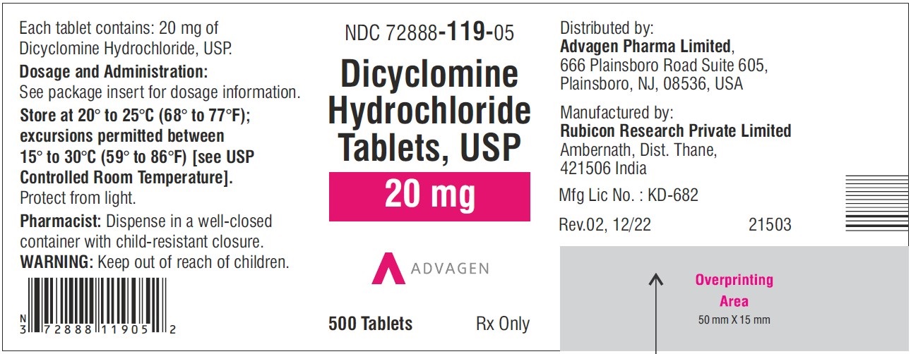 Dicyclomine Hydrochloride Tablets ,USP 20 mg - NDC 72888-119-05 - 500 Tablets Label