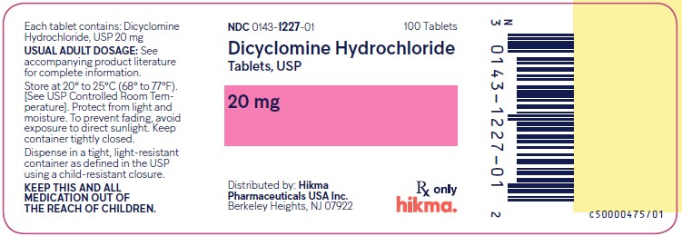 NDC 0143-1227-01 Dicyclomine Hydrochloride Tablets, USP 20 mg 100 Tablets Rx Only