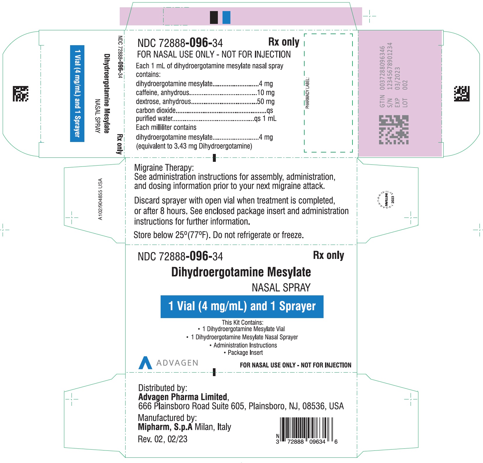 Dihydroergotamine Mesylate Nasal Spray - NDC 72888­096-34 - Carton Label